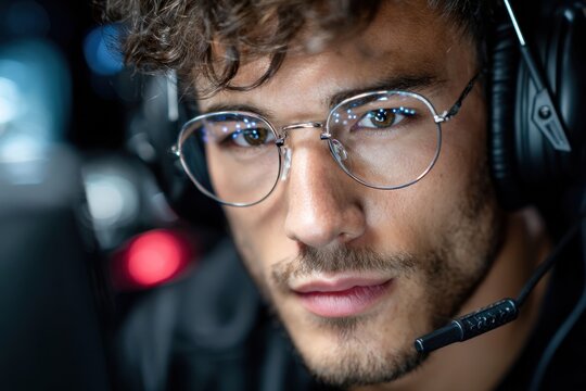 Close Up Gamer Wearing Headset and Glasses