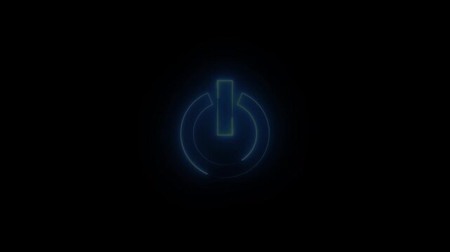 Glowing neon blue color power button icon animation technology shutdown screen turn on off button stop startup computer and mobile phone electric futuristic on black background	
