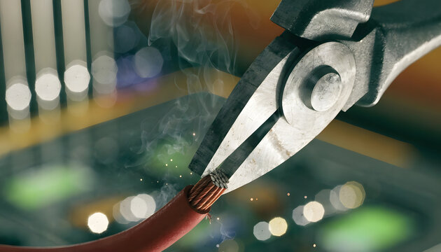 Metal pliers snipping a smoking red copper wire in half. Hardware maintenance and short circuit concept. Tool slicing electric cable over hardware components