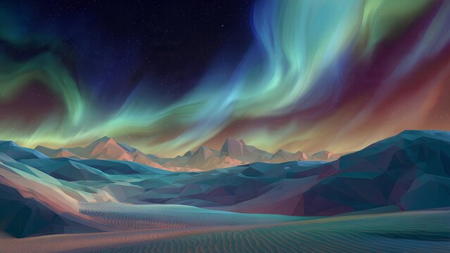 Vibrant aurora borealis illuminating a stylized, colorful alien landscape with rolling hills and distant mountains under a starry sky.