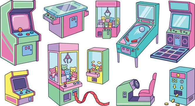 Retro Arcade Machine Collection with Claw Machines, Pinball, Dance Arcade, Racing Simulator, Coin Operated Game Cabinets, and Vector Illustration Set