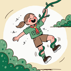 Happy scout girl swinging on a vine in the jungle with a big smile.