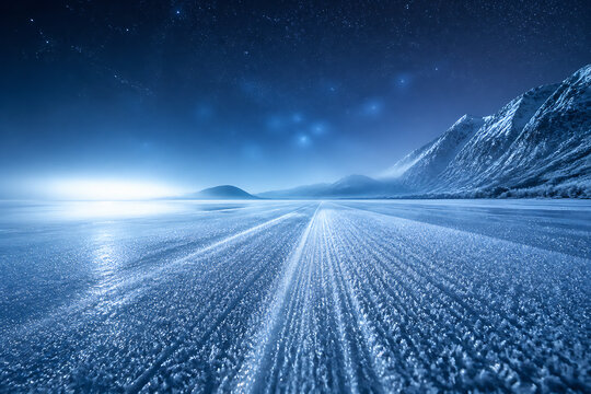 A long, snowy road stretches toward a distant horizon under a starry night sky with mountains in the background.