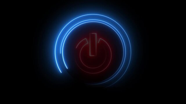 Glowing neon red and blue color power button icon animation technology shutdown screen turn on off button stop startup computer and mobile phone electric futuristic on black background	