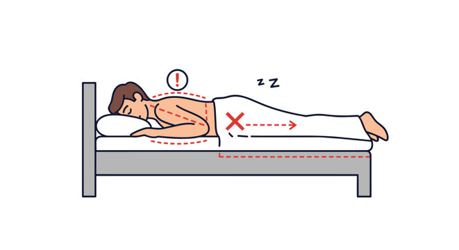 Diagram illustrating incorrect sleeping posture on stomach showing pressure on neck and spine with warning icons and red arrows.