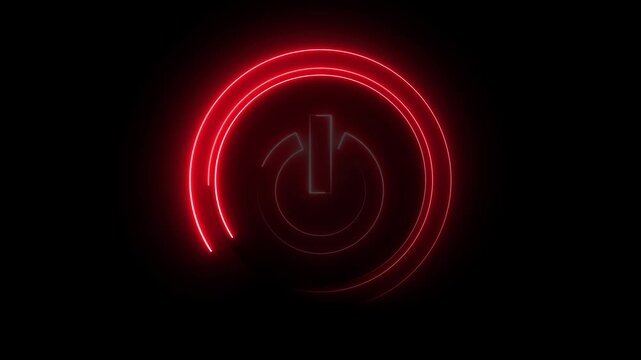 Glowing neon red color power button icon animation technology shutdown screen turn on off button stop startup computer and mobile phone electric futuristic on black background	