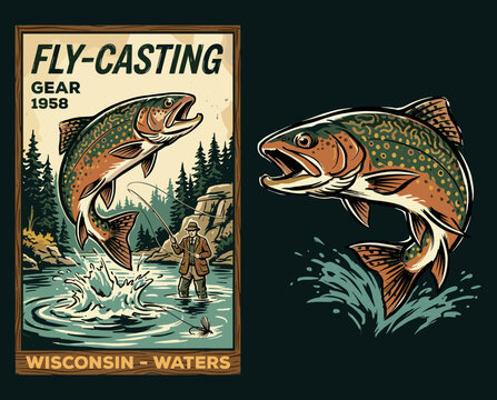 Vintage fly fishing poster design. Jumping trout fish illustration. Retro outdoor adventure gear. Wisconsin river fishing travel scene.