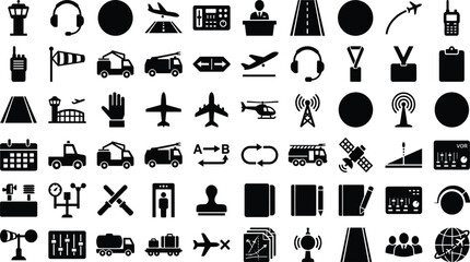 Air Traffic Control and Airport Navigation Line Icon Set with Radar, Control Tower, Flight Routes, Communication Headset, and Aviation Safety Symbols for Web Graphic Designs © RUBINA