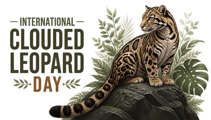 Obraz premium International Clouded Leopard Day wildlife awareness design, forest foliage and majestic clouded leopard vector illustration