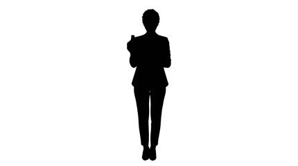 Silhouette of woman holding smartphone standing upright isolated on transparent background, Vector © Riyadkingline