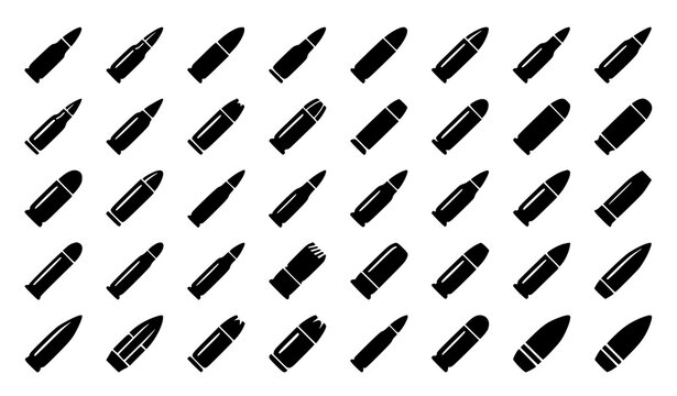 Bullet Silhouette Icon Set Black Vector Collection with Modern Ammunition Shapes Isolated on White Background