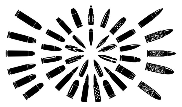 Black Bullet Silhouette Icons Vector Pack with Ammunition Cartridge Shapes for Military and Tactical Design