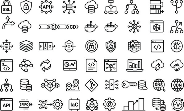 DevOps and Cloud Infrastructure Line Icon Set with CI/CD Pipeline, Security SSL, API, Docker Containers, Git, and Database Symbols for Web Graphic Designs