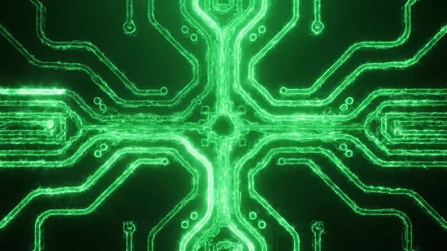 Glowing green electronic circuit board pattern on dark background