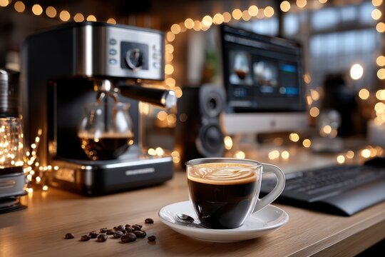 Cozy Home Office with Coffee and Festive Lights