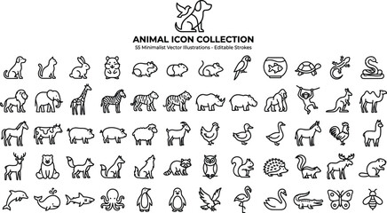 Fototapeta premium Minimal Animal Icon Collection with 55 Line Art Illustrations of Pets, Wild Animals, Farm Livestock, Birds, and Marine Life for Web Graphic Designs