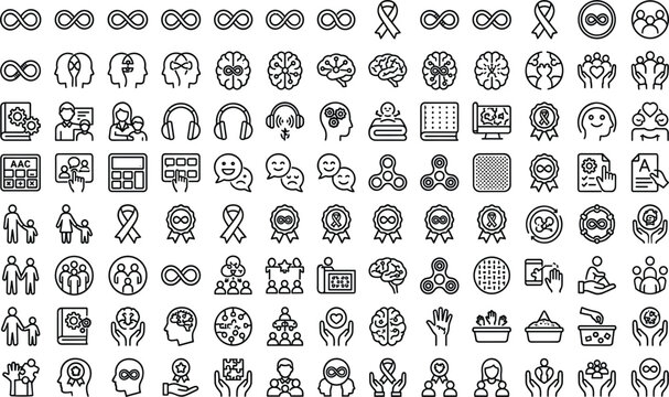 Neurodiversity and Autism Awareness Line Icon Set with Gold Ribbon accents, Infinity Symbols, Fidget Spinners, AAC Devices, and Sensory Inclusion Concepts for Web Graphic Designs