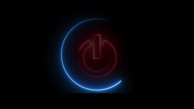 Glowing neon red and blue color power button icon animation technology shutdown screen turn on off button stop startup computer and mobile phone electric futuristic on black background	