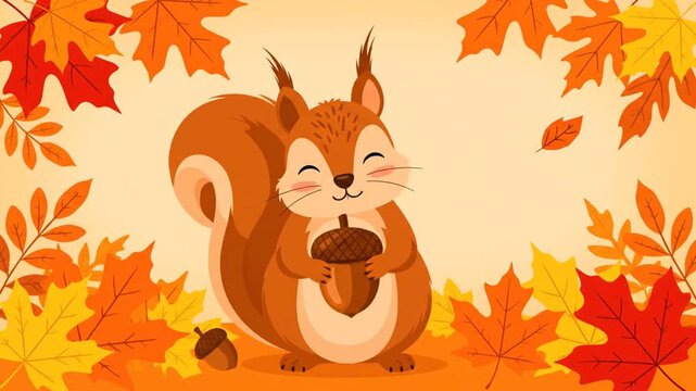 Cute animated squirrel holding an acorn in autumn forest with falling leaves