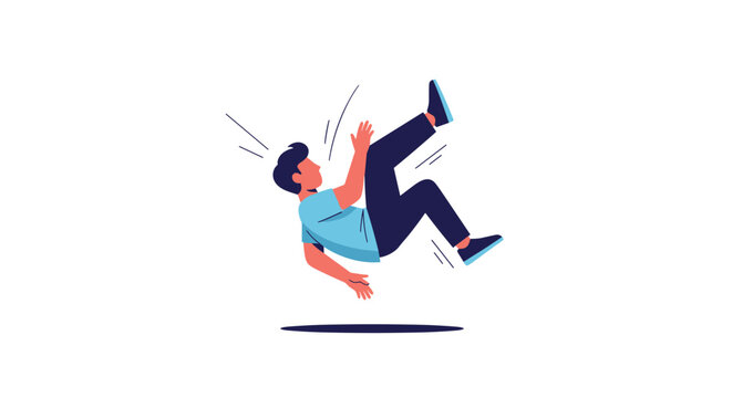Young man slipping and falling backwards in the air as he loses balance, illustrated in dynamic vector cartoon style.