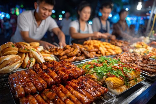 Night Market Food Stall with Delicious Grilled Sausages