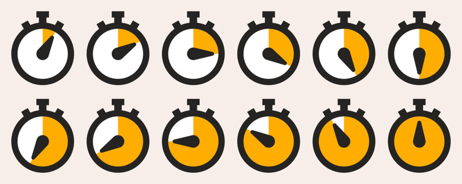 Stopwatch timer countdown progress dial icons. Flat clock face with different time intervals for deadline tracking, fast delivery, time management concept set