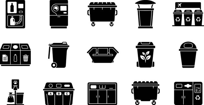 Waste management and recycling bin silhouettes set featuring trash cans dumpsters reverse vending machine and sorting stations vector graphics