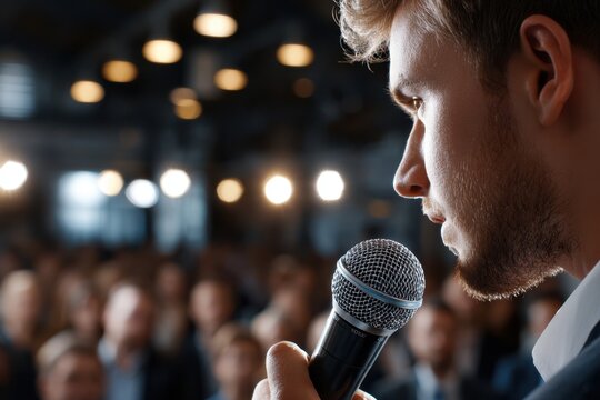 Young speaker delivers engaging presentation at conference in urban venue during evening hours
