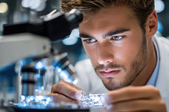 Scientist examining sample under microscope in lab