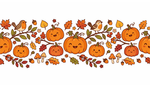 Cute woodland autumn border with funny pumpkins birds berries and fall foliage seamless vector design