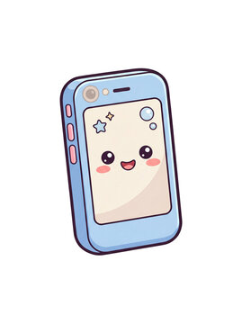 Cute Kawaii Smartphone Illustration: A charming, light blue smartphone with a happy, smiling face, sparkling stars, and cute rosy cheeks, depicted in a playful, illustrative style.