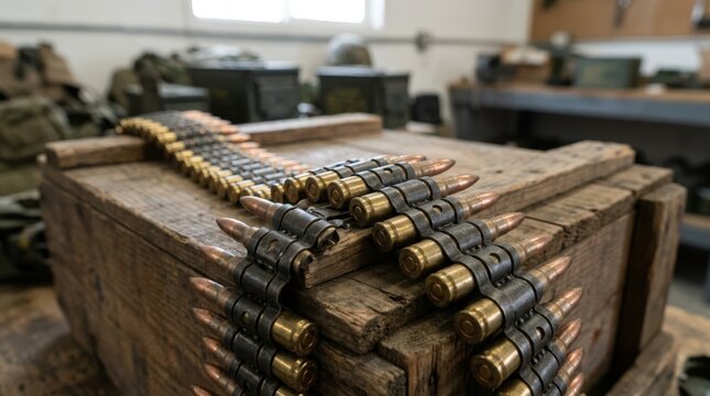 Medium shot of nondisintegrating ammunition link belt assembly demonstrating robust metal links securely joining cartridges into a durable continuous belt.