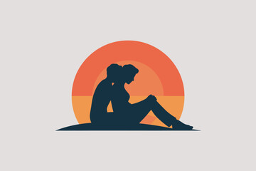 Fototapeta premium Minimalist Silhouette of Woman Sitting on Beach at Sunset Vector Illustration