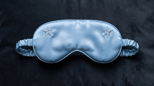 Light blue silk sleep mask with embroidered star details on a dark textured background