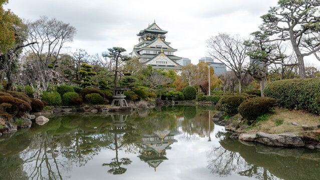 Japanese Garden view with Osaka Castle in the background