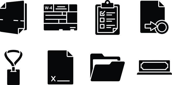 Business documents and tax administration office tools pitch black solid silhouette vector set isolated on white background for compliance design collection