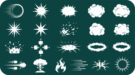 Set of white cartoon manga action effect icons on dark green background with explosion illustration animation collection abstract handdrawn isolated representation © Kanon Islam