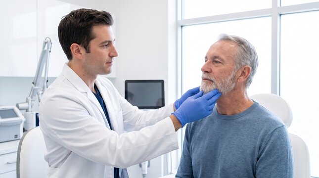 Dermatologist examining senior man face during consultation. Professional skincare specialist checking skin condition for anti aging treatment.