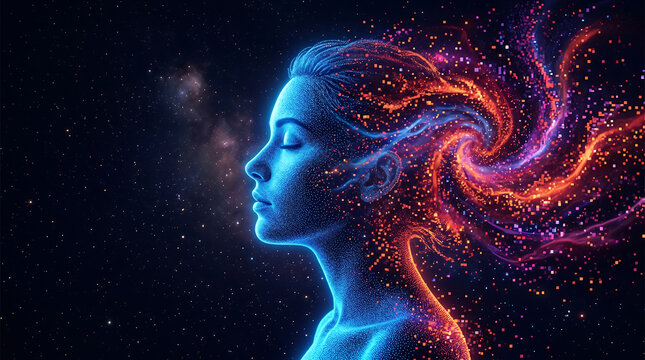 Profile of a glowing human head formed by digital particles with swirling vibrant energy trails