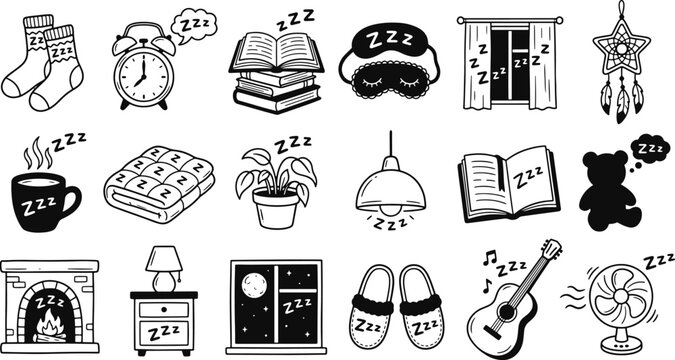 Hand drawn black and white sleep related icons set with relaxation illustration handdrawn nightcap fireplace slippers lifestyle nighttime collection