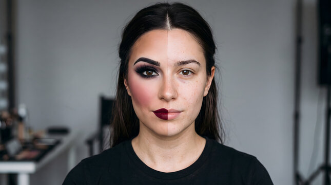 Woman with half face makeup and half natural skin