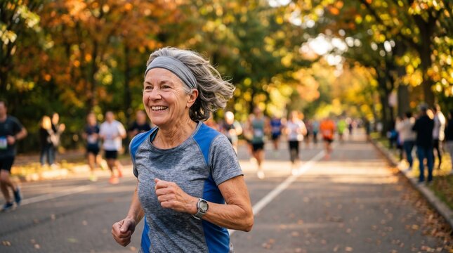 Senior woman marathon runner jogging on road during race. Happy elderly athlete participating in city competition.