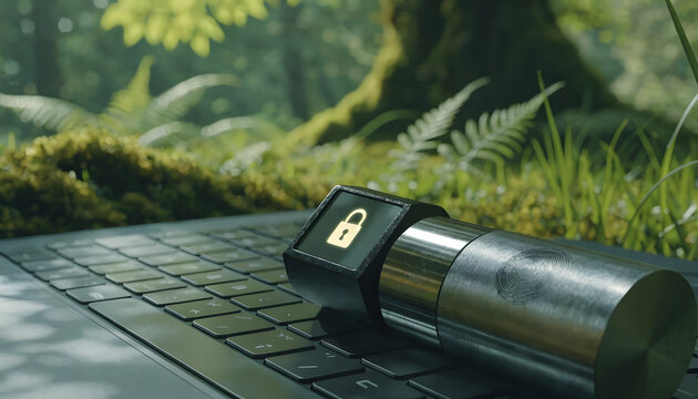Secure hardware security key lying on a laptop keyboard. Cyber security and data defense. Encrypted digital identity device safeguarding information in a lush forest