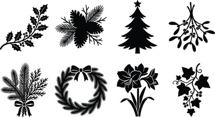 Christmas floral elements set with winter branch wreath pine cone tree mistletoe and holly berry black silhouette vectors © Mehedi