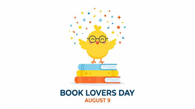 Cute cartoon chick with glasses celebrating on colorful books for book lovers day