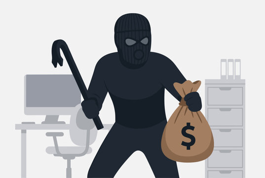 Bank robber wearing a black ski mask and holding a heavy crowbar and a money bag inside a modern office room.