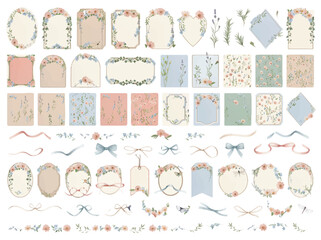 Watercolor Floral Frame and Gift Tag Set, Pastel Ribbon Bows, Hand Painted Botanical Borders and Vintage Background Cards for Wedding Stationery © Shahnaz