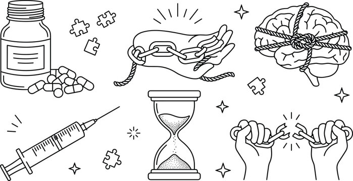 Mental health addiction and recovery vector line art set with bound brain broken chains syringe pills bottle and hourglass.