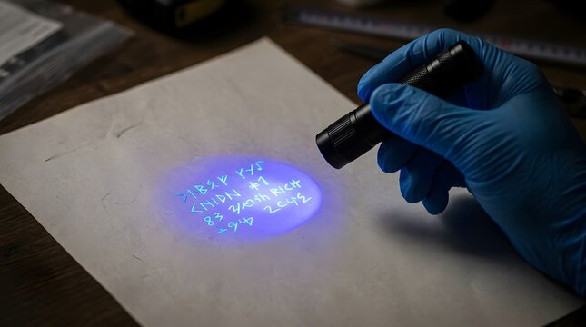 Close-up of gloved hand holding black UV flashlight illuminating glowing biological substance on paper, forensic science laboratory investigation concept