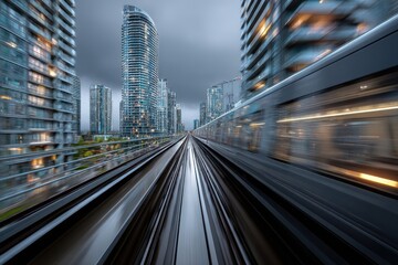 Naklejka premium Modern city skyline with rapid transit train during dusk